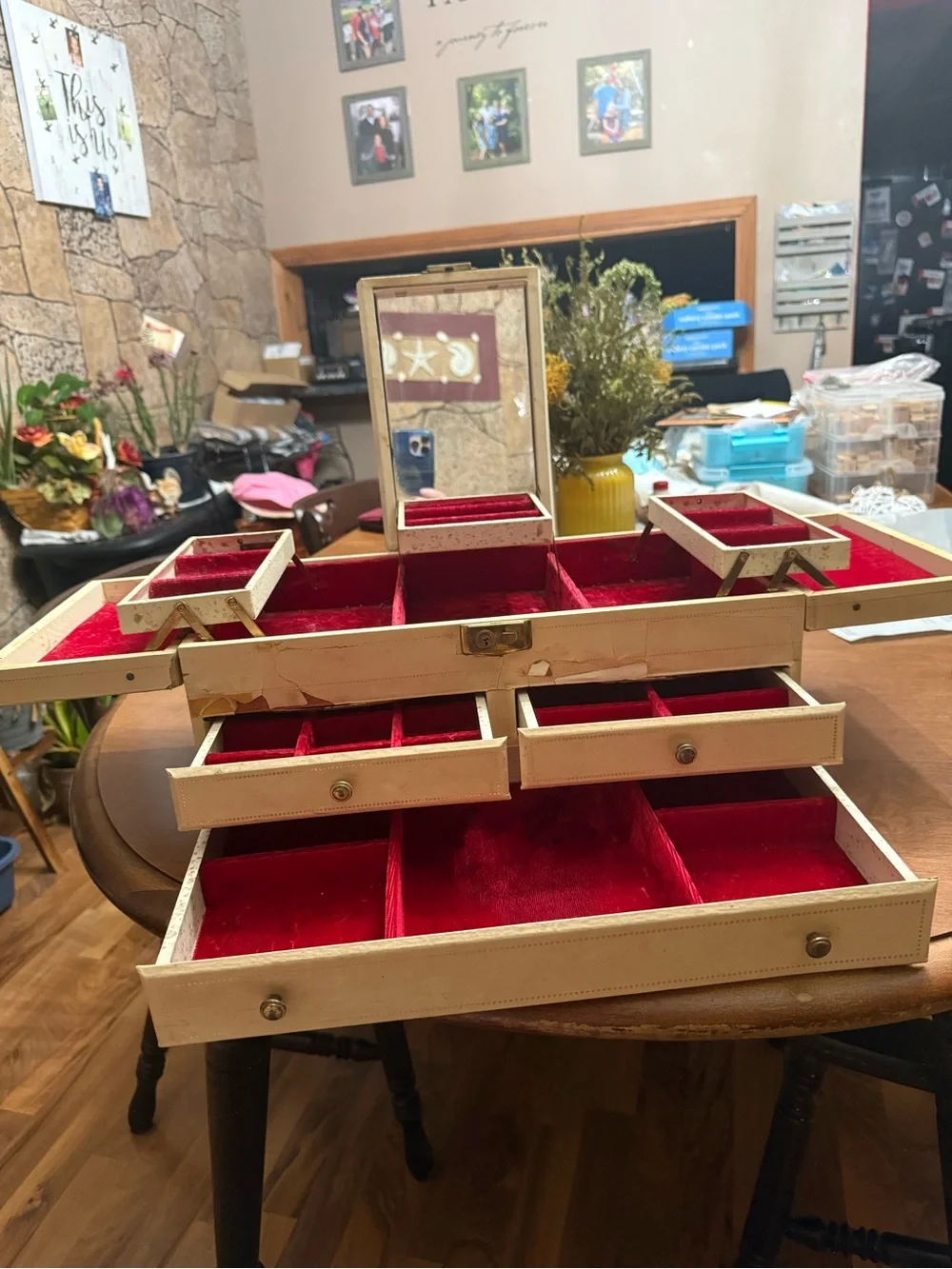 Vintage Mele Cream Jewelry Box Red Velvet Lining Tier Trays Drawers MCM
